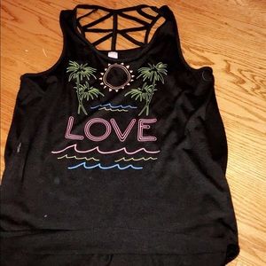 A black tank top with wording.